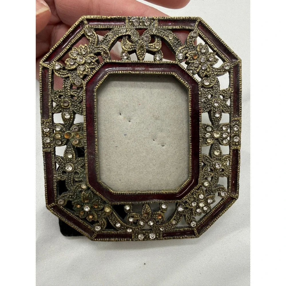 Vintage Style Octagon Filigree Rhinestone Enamel Miniature‎ Picture Frame Brass